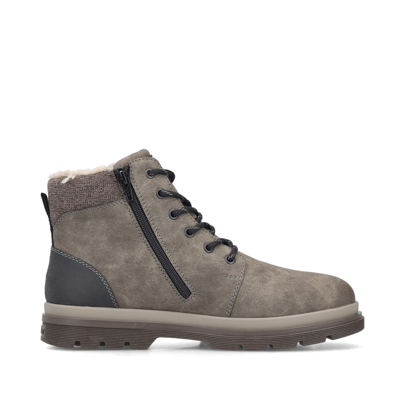 Grau-braune Rieker Herren Schnürstiefel F7010-25 mit modernen Ziernähten. Schuh Innenseite.