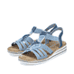 Blaue Rieker Damen Riemchensandalen V0678-12 mit einem Gummizug. Schuhpaar seitlich schräg.