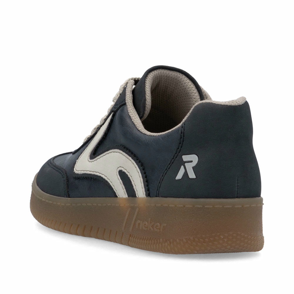 Baskets basses Rieker bleues vegan pour femme M5512-15 avec lacets. Chaussure vue de l'arrière.