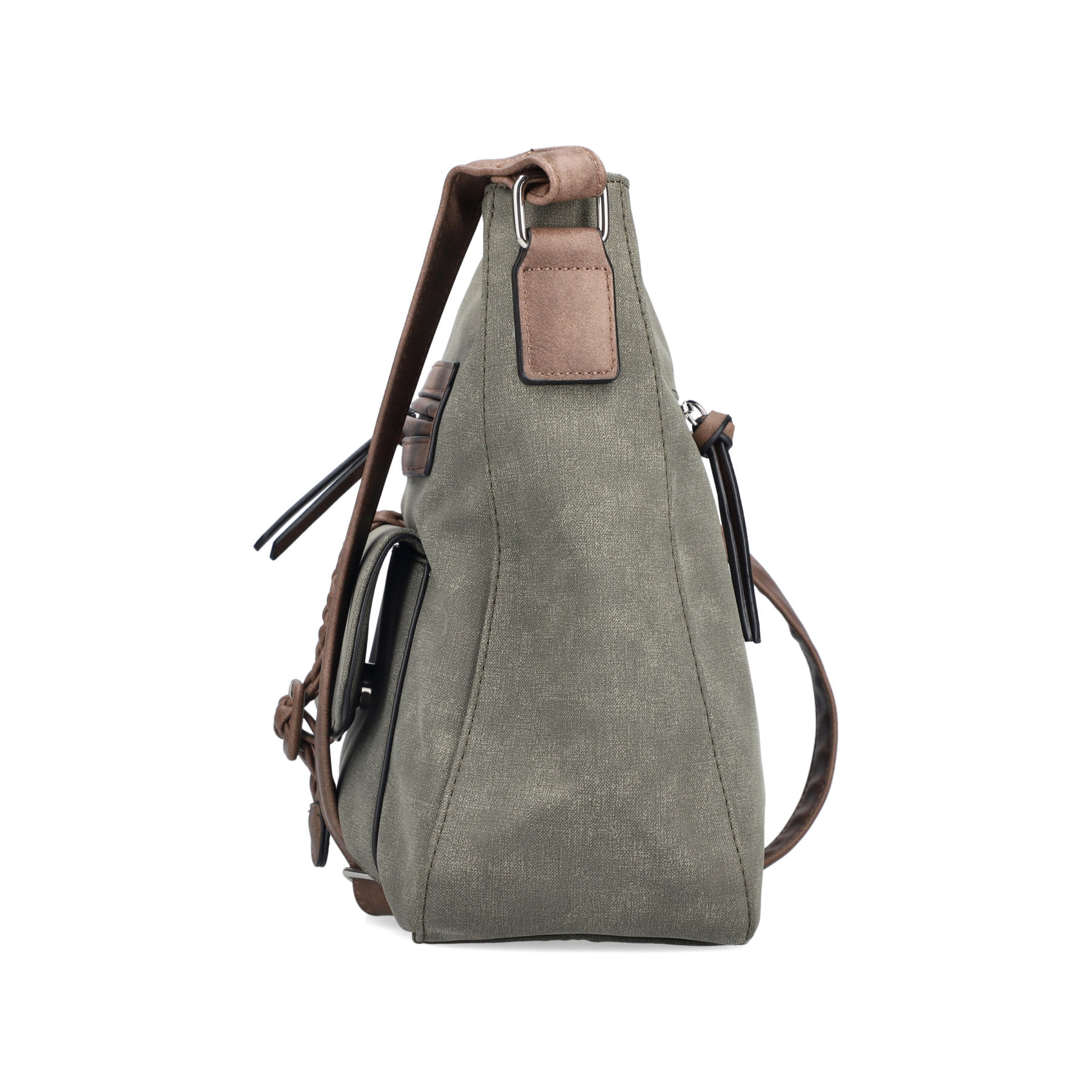 Sac Ã  main Rieker H1340-54 en vert avec sangle décorative tressée, fermeture éclair et poche pour téléphone portable. Porté.