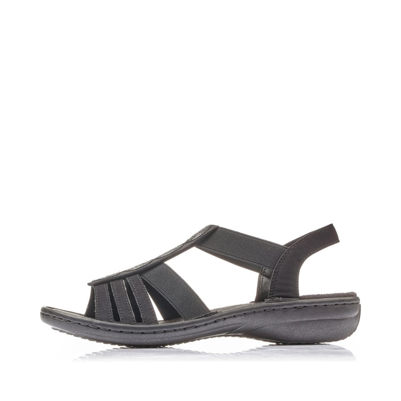 Schwarze Rieker Damen Riemchensandalen 60870-00 mit einem Elastikeinsatz. Schuh Außenseite.