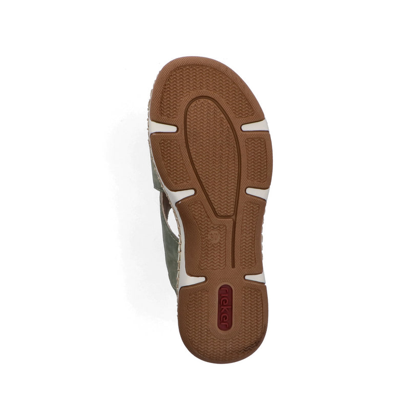 Khakifarbene Rieker Damen Riemchensandalen 66280-52 mit einem Klettverschluss. Schuh Laufsohle.