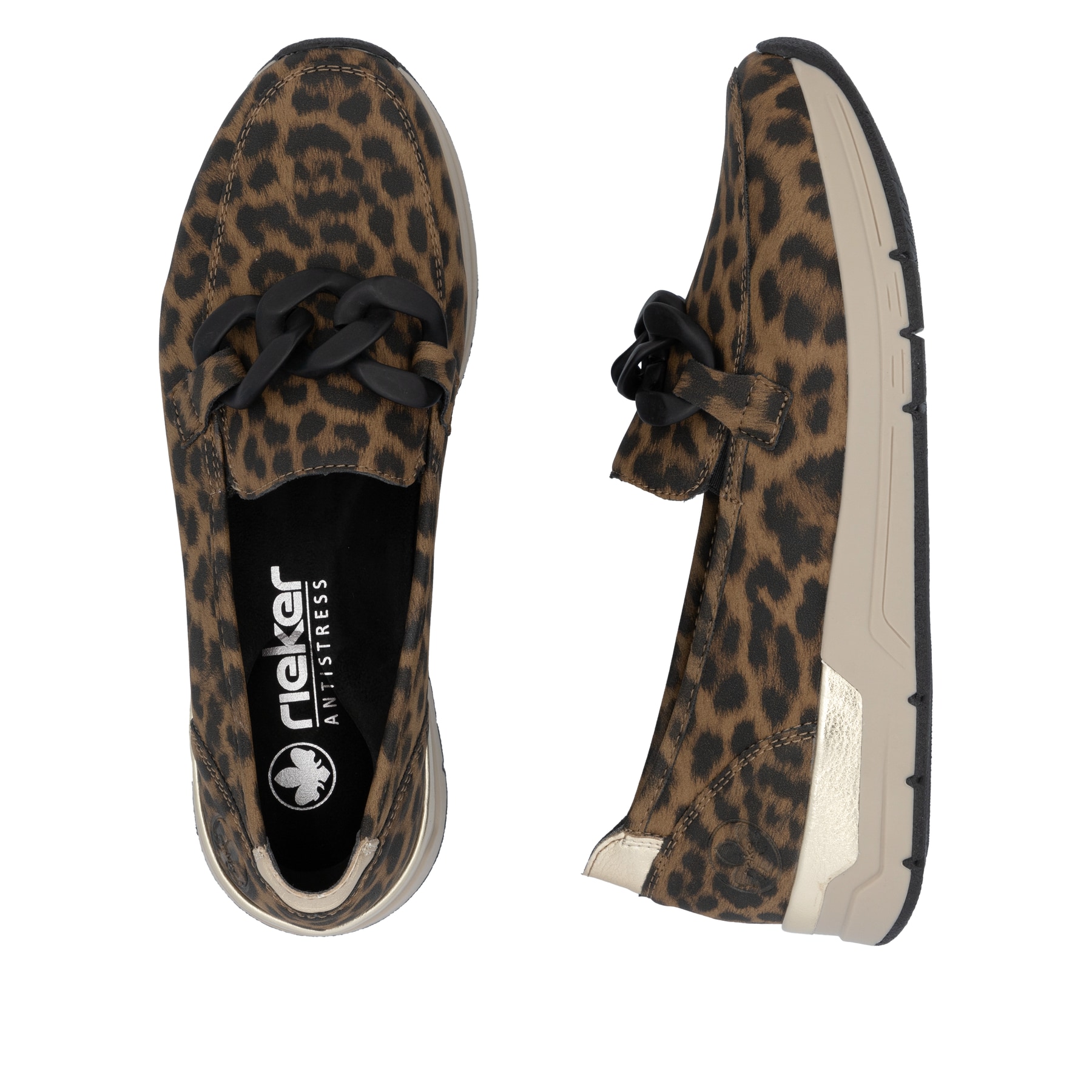 Mehrfarbige Rieker Damen Loafer 58944-90 mit Leo-Print sowie einem Gummizug. Schuh von oben, liegend.