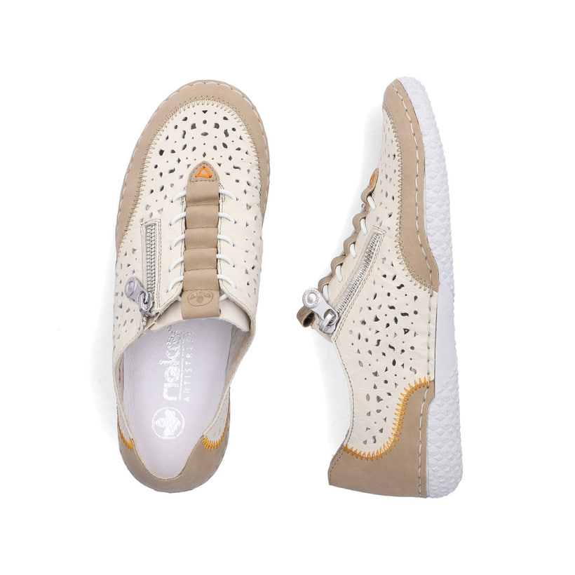 Mocassins Rieker beiges pour femme 43665-64 en cuir lisse. Chaussure vue de dessus, couchée.