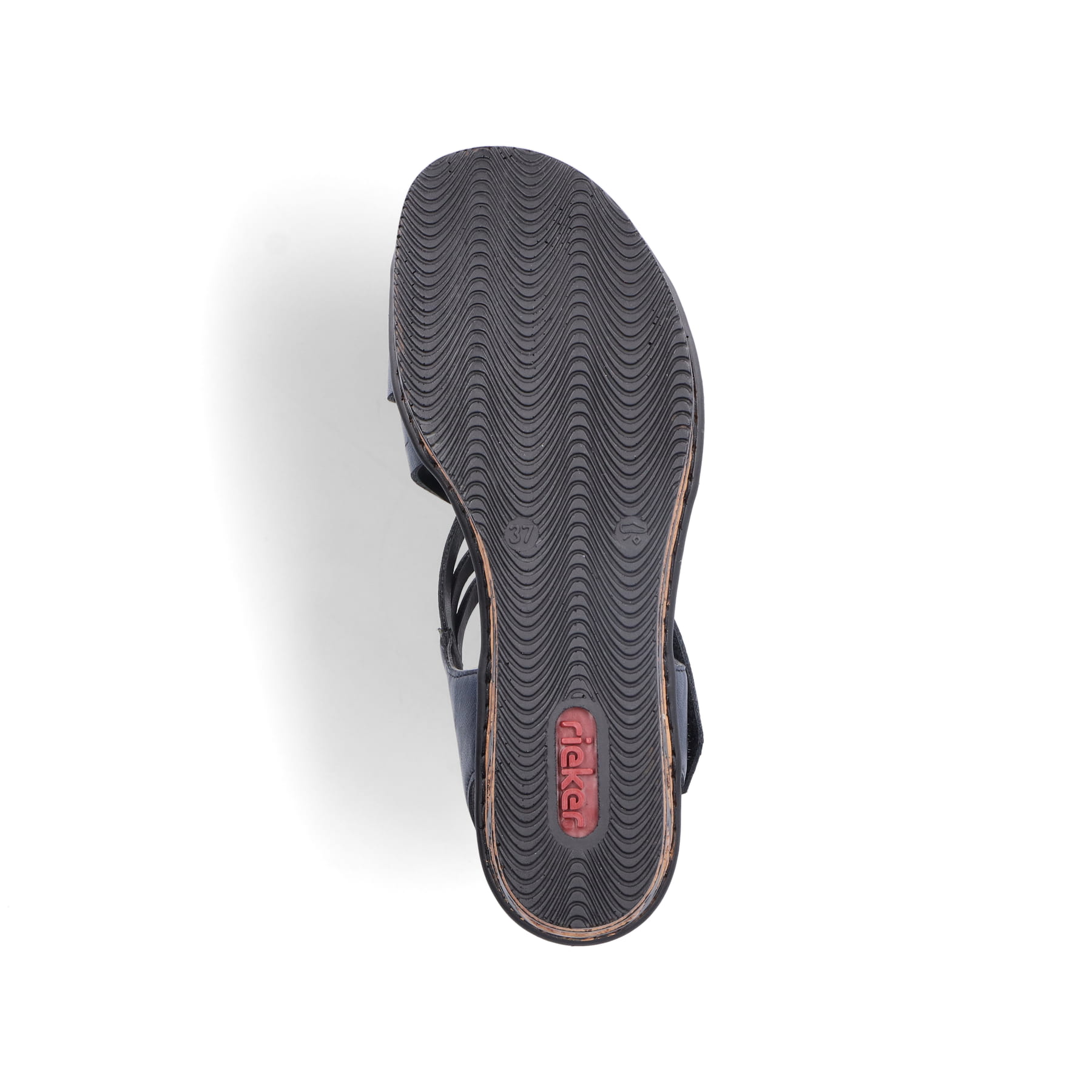 Schieferblaue Rieker Keilsandaletten 68179-14 mit einem Klettverschluss. Schuh Laufsohle.