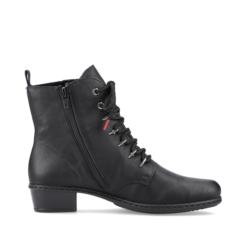 Tiefschwarze Rieker Damen Stiefeletten Y0700-01 mit Schnürung und Reißverschluss. Schuh von hinten