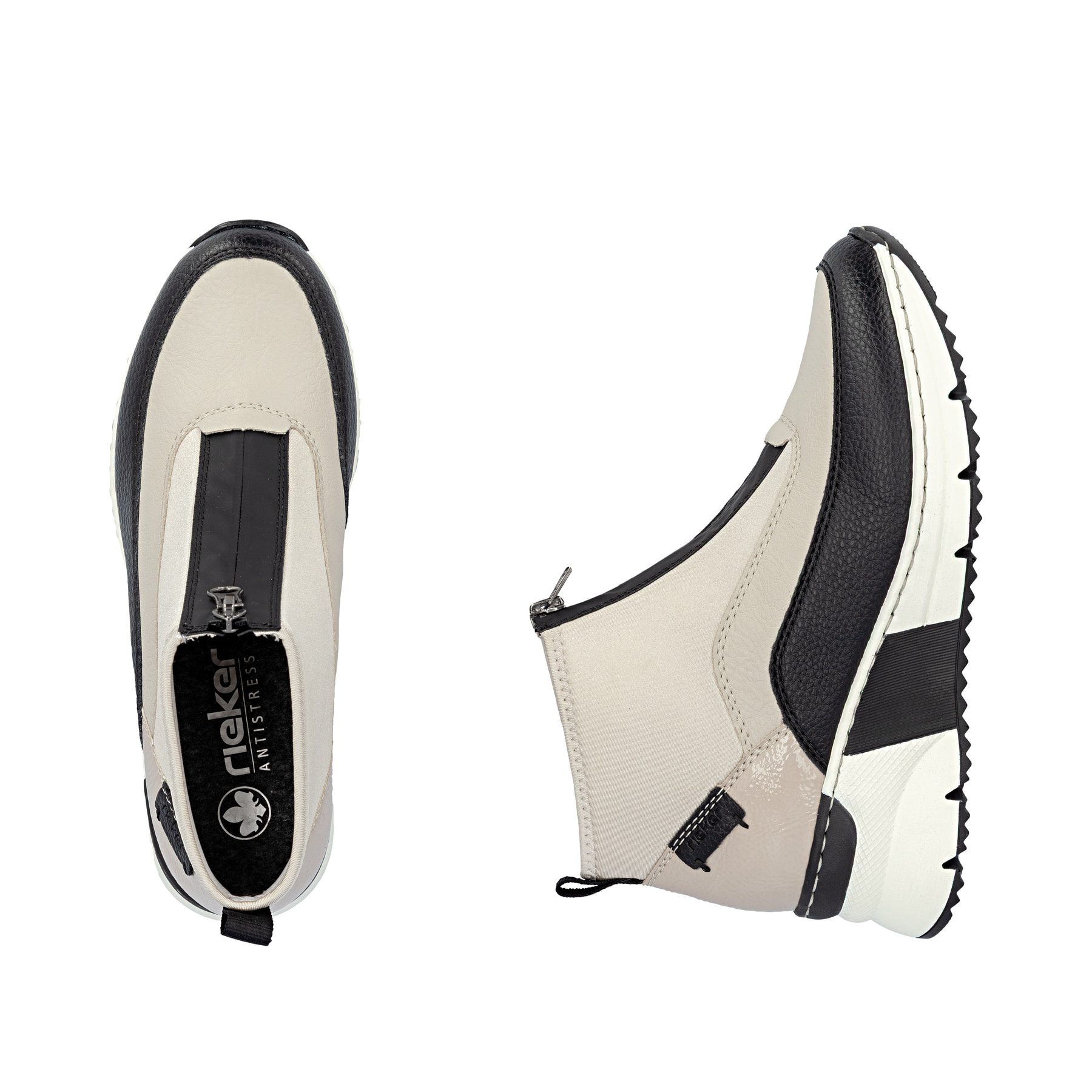 Beigeschwarze Rieker Damen Sneaker High N6352-60 mit einem Reißverschluss. Schuh von oben, liegend.