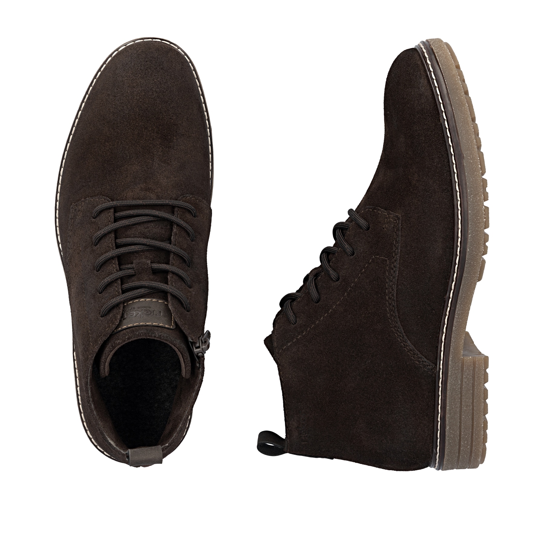 Dunkelbraune Rieker Herren Schnürstiefel 33106-25 aus Rauleder. Schuh von oben, liegend.