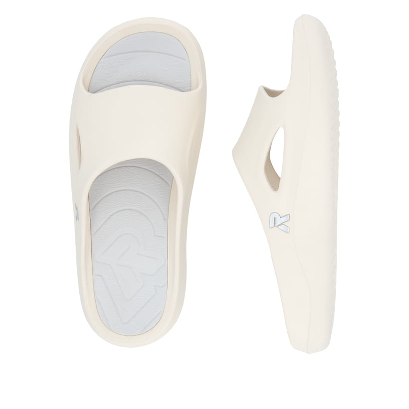 Beige Rieker Damen Pantoletten W3450-60 mit flexibler und ultraleichter Sohle. Schuh von oben, liegend.