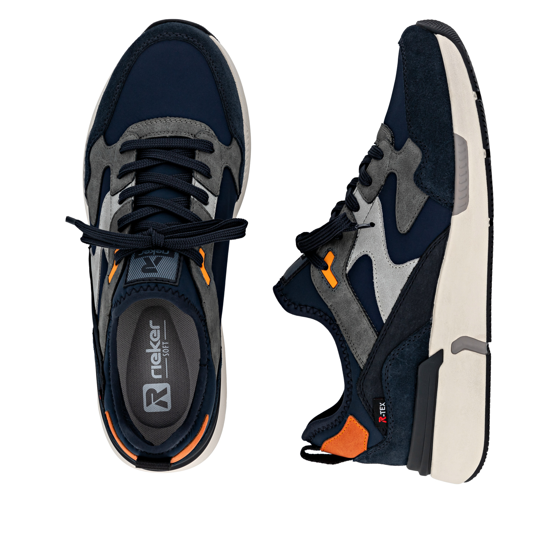 Blaue Rieker Herren Sneaker Low U1403-15 mit wasserabweisender RiekerTEX-Membran. Schuh von oben, liegend.