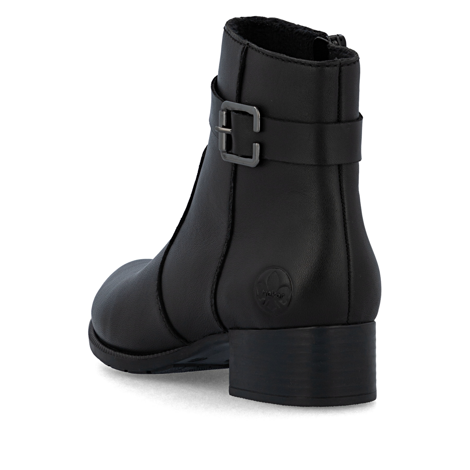 Schwarze Rieker Damen Stiefeletten 78664-00 aus Glattleder mit Reißverschluss. Schuh von hinten.