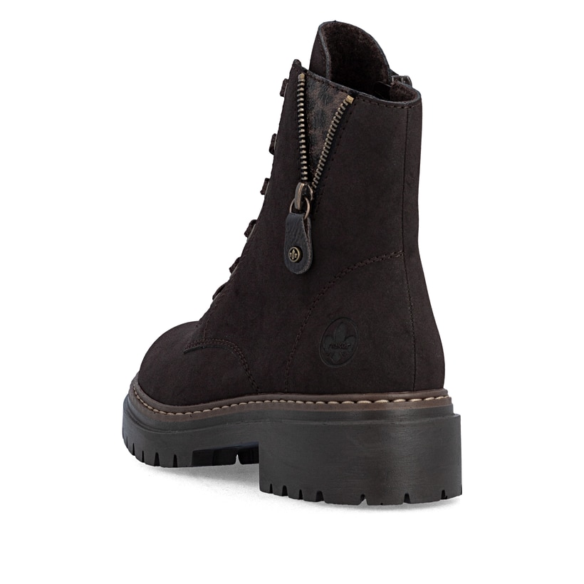 Dunkelbraune Rieker Damen Biker Boots 72617-25 mit Deko-Reißverschluss. Schuh von hinten.