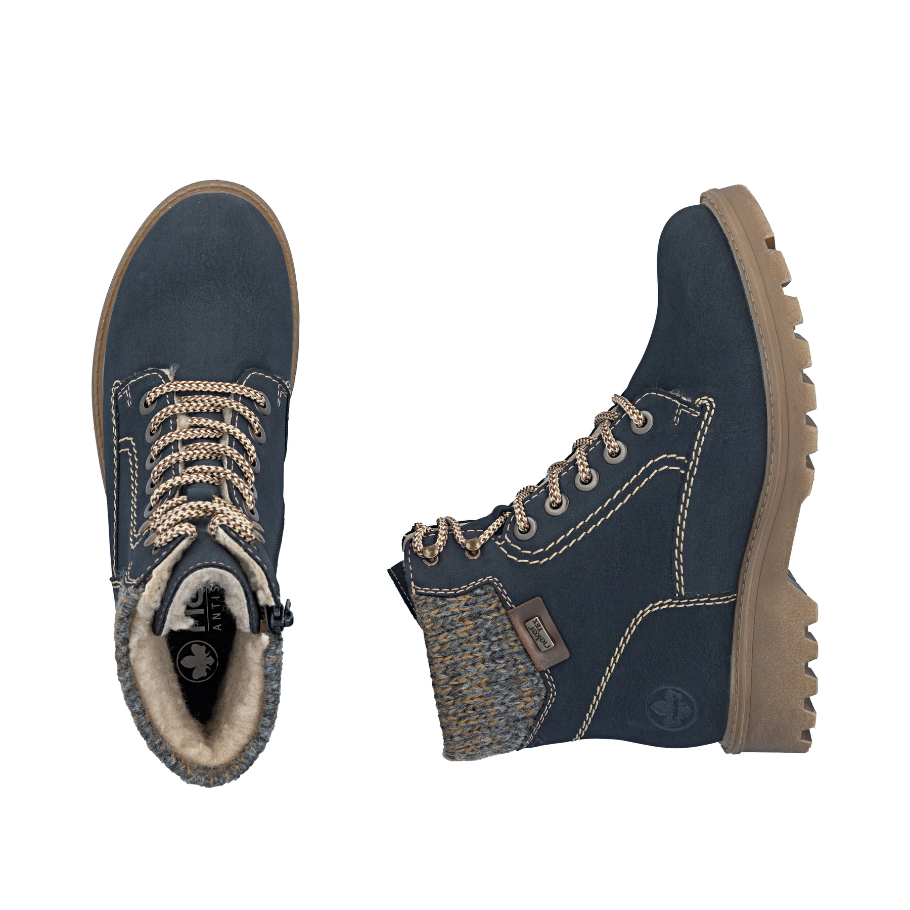 Dunkelblaue Rieker Damen Biker Boots 73220-14 mit wasserabweisender TEX-Membran. Schuh von oben, liegend.