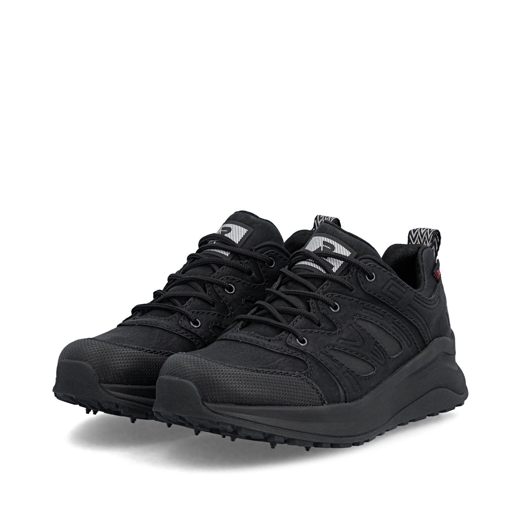 Schwarze Rieker Damen Sneaker Low Z0900-00 mit wasserabweisender TEX-Membran. Schuhpaar seitlich schräg.