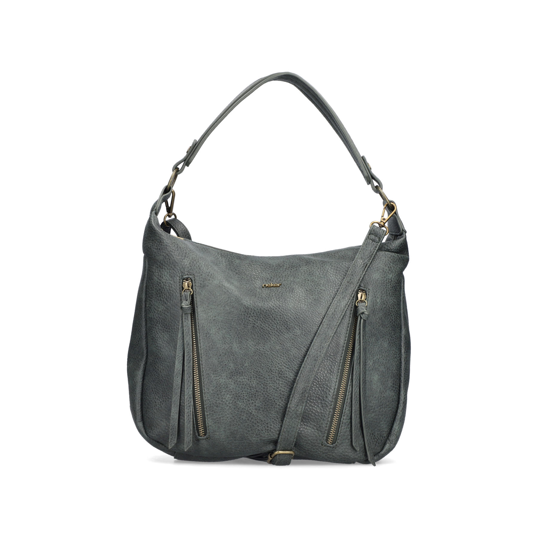 Sac bandoulière Rieker H1016-54 en vert avec fermeture éclair ainsi que poches extérieures et intérieures. Face avant.