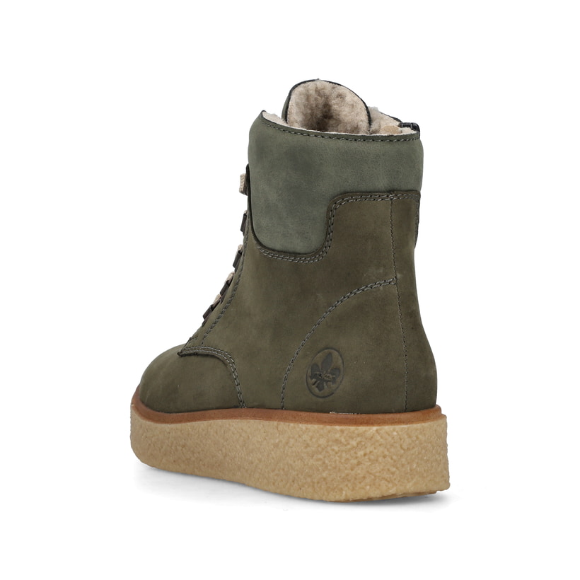 Schilfgrüne Rieker Damen Schnürstiefel Y0033-54 mit einem Reißverschluss. Schuh von hinten.