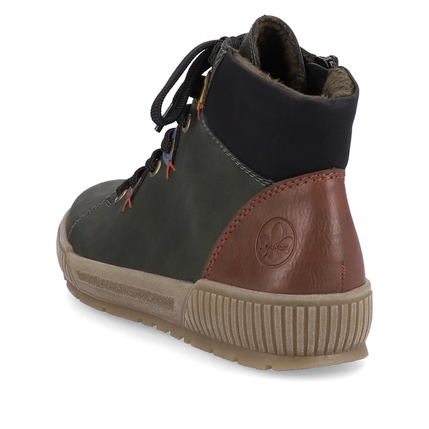 Mehrfarbige Rieker Damen Schnürstiefel N0711-54 mit Ösen-Verzierung. Schuh von hinten.