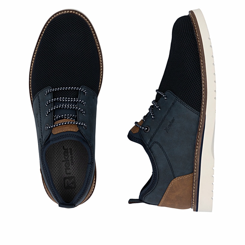 Blaue Rieker Herren Slipper 04550-14 mit einem Gummizug sowie der Extraweite H. Schuh von oben, liegend.