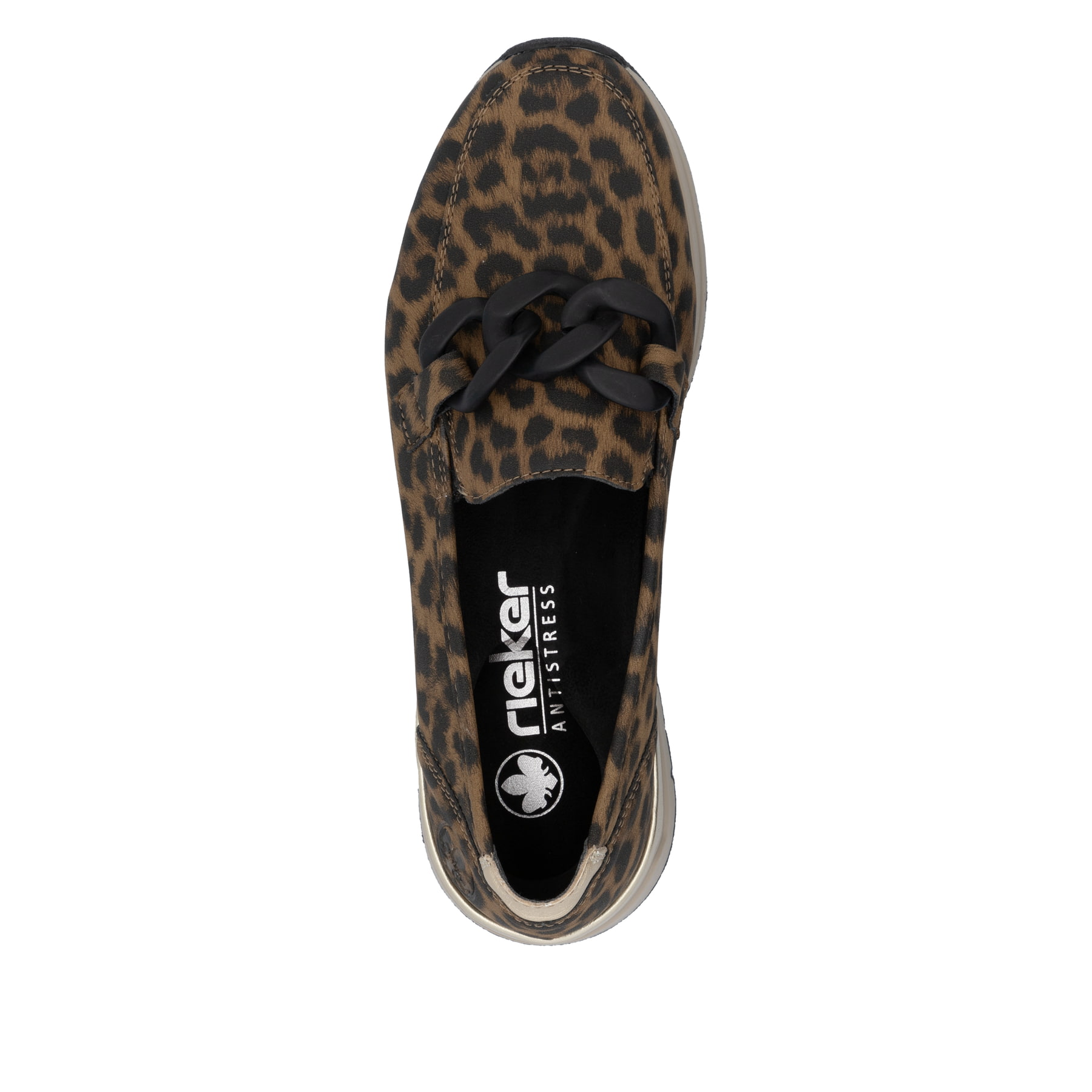 Mehrfarbige Rieker Damen Loafer 58944-90 mit Leo-Print sowie einem Gummizug. Schuh von oben.