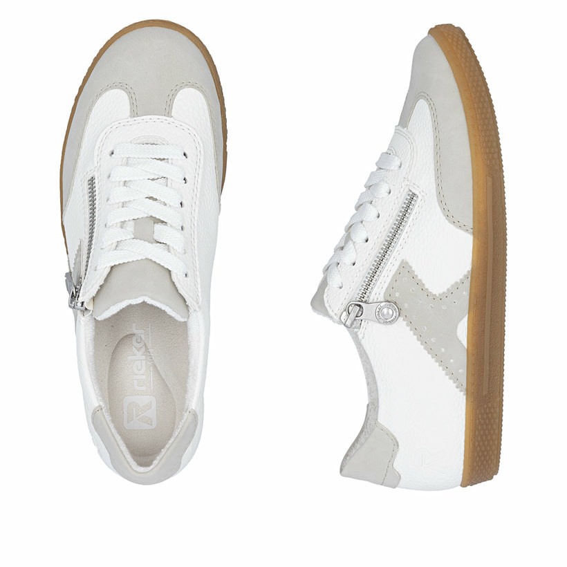 Weiße Rieker Damen Sneaker Low L9700-80 mit einem Reißverschluss. Schuh von oben, liegend.