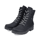 
Asphaltschwarze Rieker Damen Biker Boots 78520-00 mit Schnürung und Reißverschluss. Schuhpaar schräg.