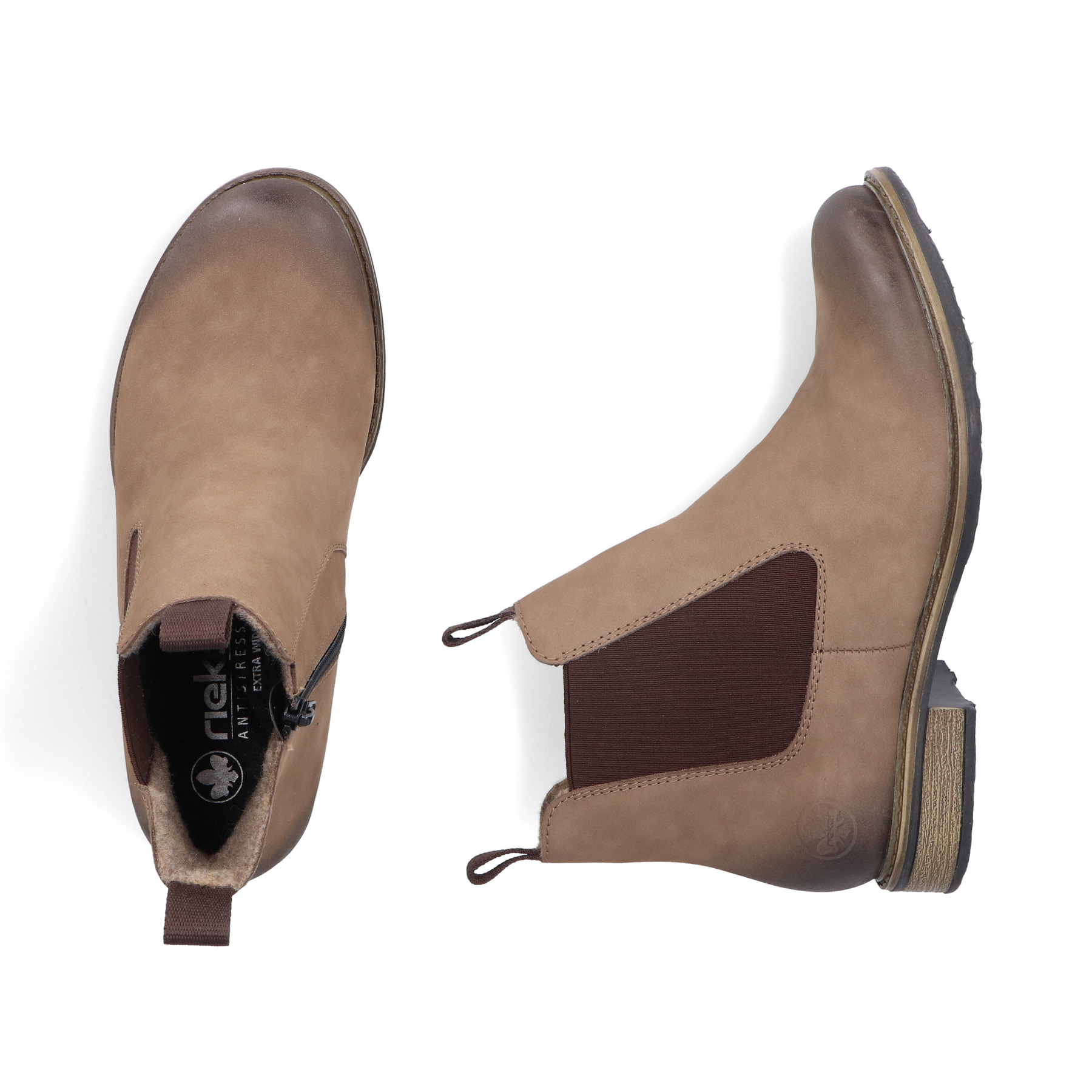 Braune Rieker Damen Chelsea Boots 74878-25 aus Glattleder mit Reißverschluss. Schuh von oben, liegend.
