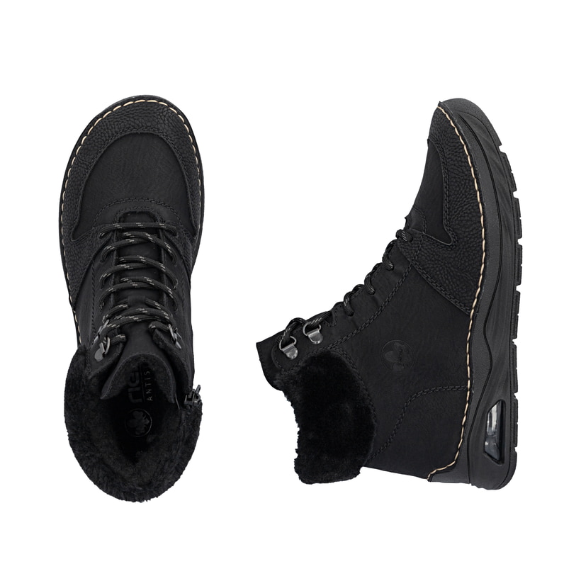 Schwarze Rieker Damen Schnürstiefel 44555-00 mit Rieker Air Sohlenfenster. Schuh von oben, liegend.