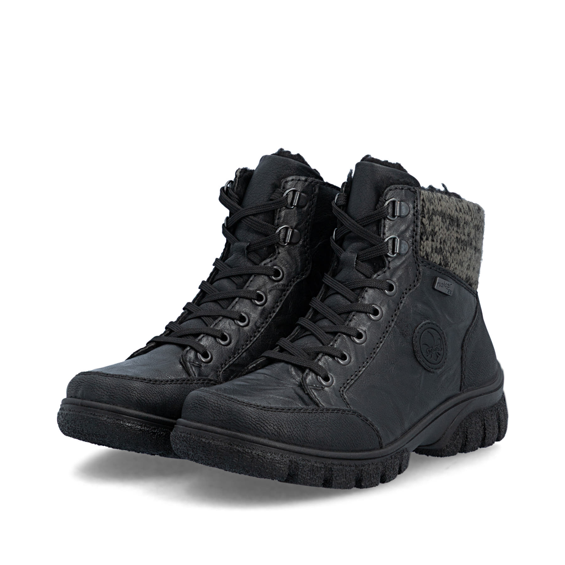 Schwarze Rieker Damen Schnürstiefel Z7230-00 aus Glattleder. Schuhpaar seitlich schräg.