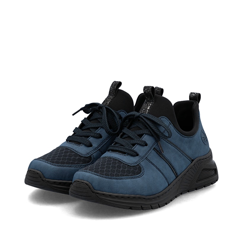 Mocassins Rieker bleus pour femme M4970-14 avec bande élastique. Chaussures inclinées sur le côté.