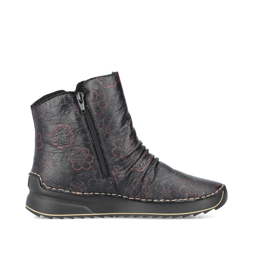 Schwarze Rieker Damen Kurzstiefel 51552-90 mit geraffter Optik. Schuh Innenseite.