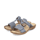 Blaugraue Rieker Damen Pantoletten 60885-12 mit einem Klettverschluss. Schuhpaar seitlich schräg.