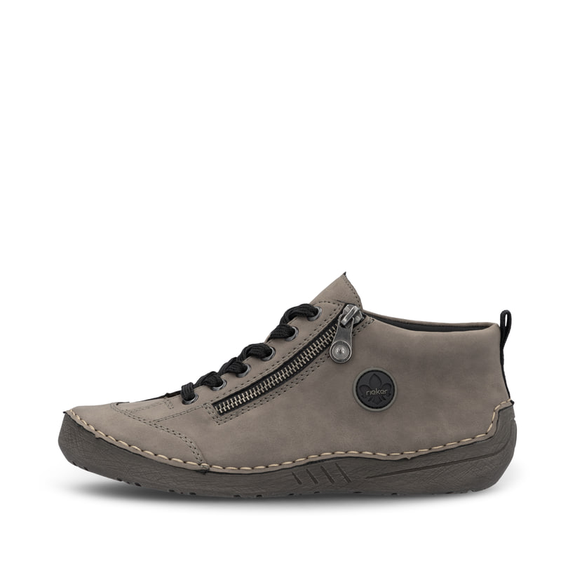 Graue Rieker Damen Schnürstiefel 52514-42 mit auffälligem Logo. Schuh Außenseite.