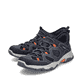Blaue Rieker Herren Slipper B8350-14 mit Ready2GO Slip-in Feature sowie Gummizug. Schuhpaar seitlich schräg.