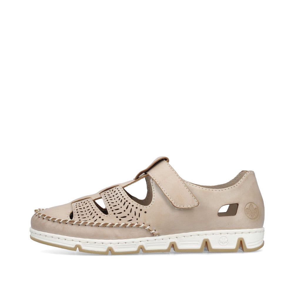 Beige Rieker Damen Slipper 49958-61 aus Glattleder, Barfußschuhe. Schuh Außenseite.