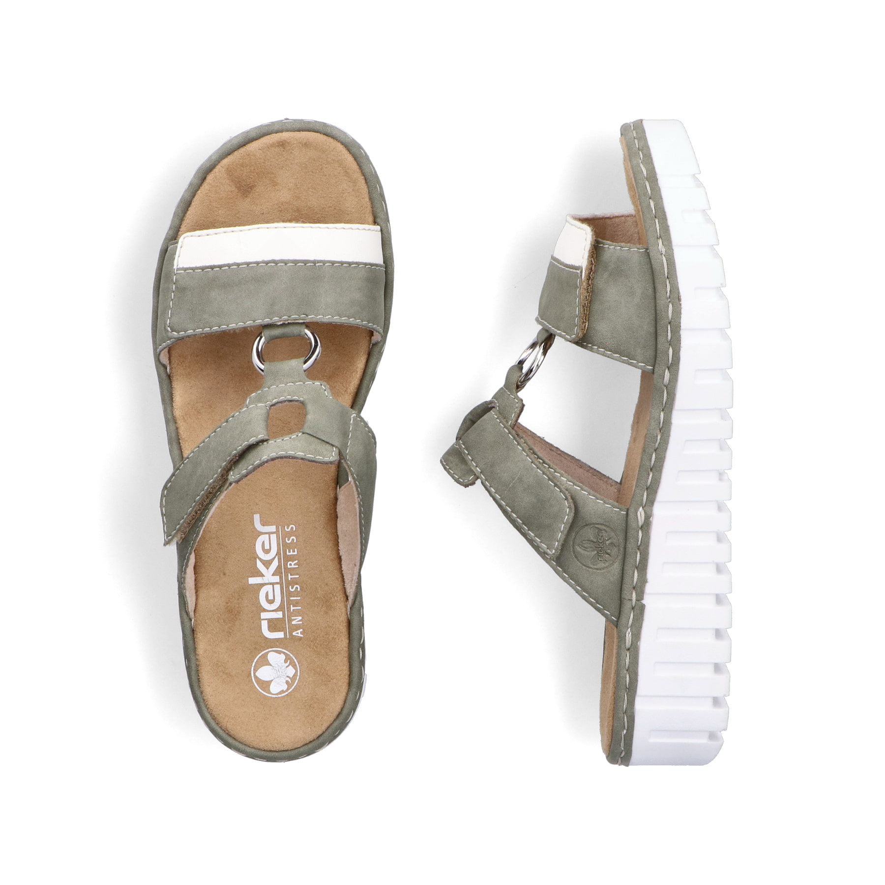 Grüne Rieker Damen Pantoletten V1396-52 mit einem Klettverschluss. Schuh von oben, liegend.