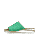 Grasgrüne Rieker Damen Pantoletten V0673-52 mit Ziernähten. Schuh Außenseite.