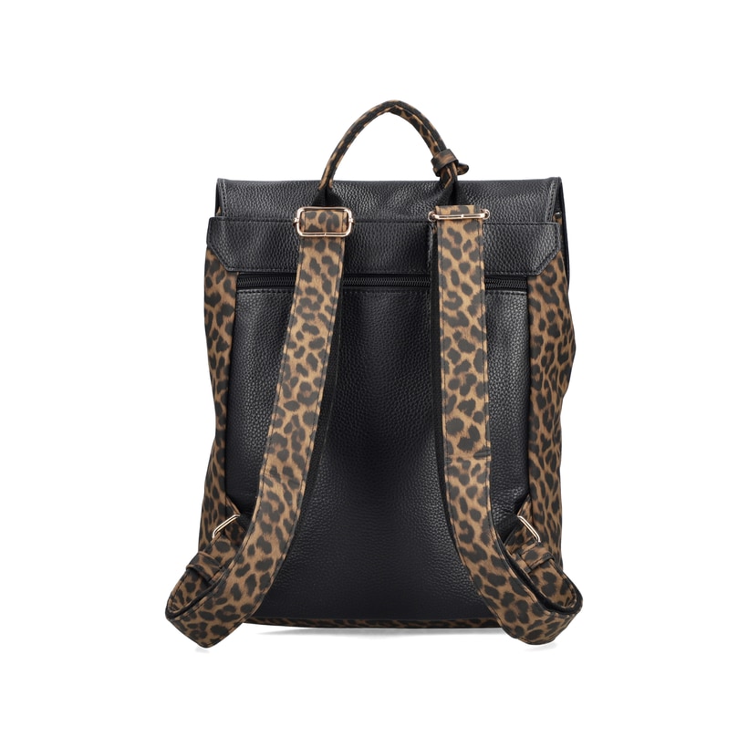 Rieker Rucksack H1357-24 in Animalprint mit bunten Details, Reißverschluss und Handyfach. Rückseite.