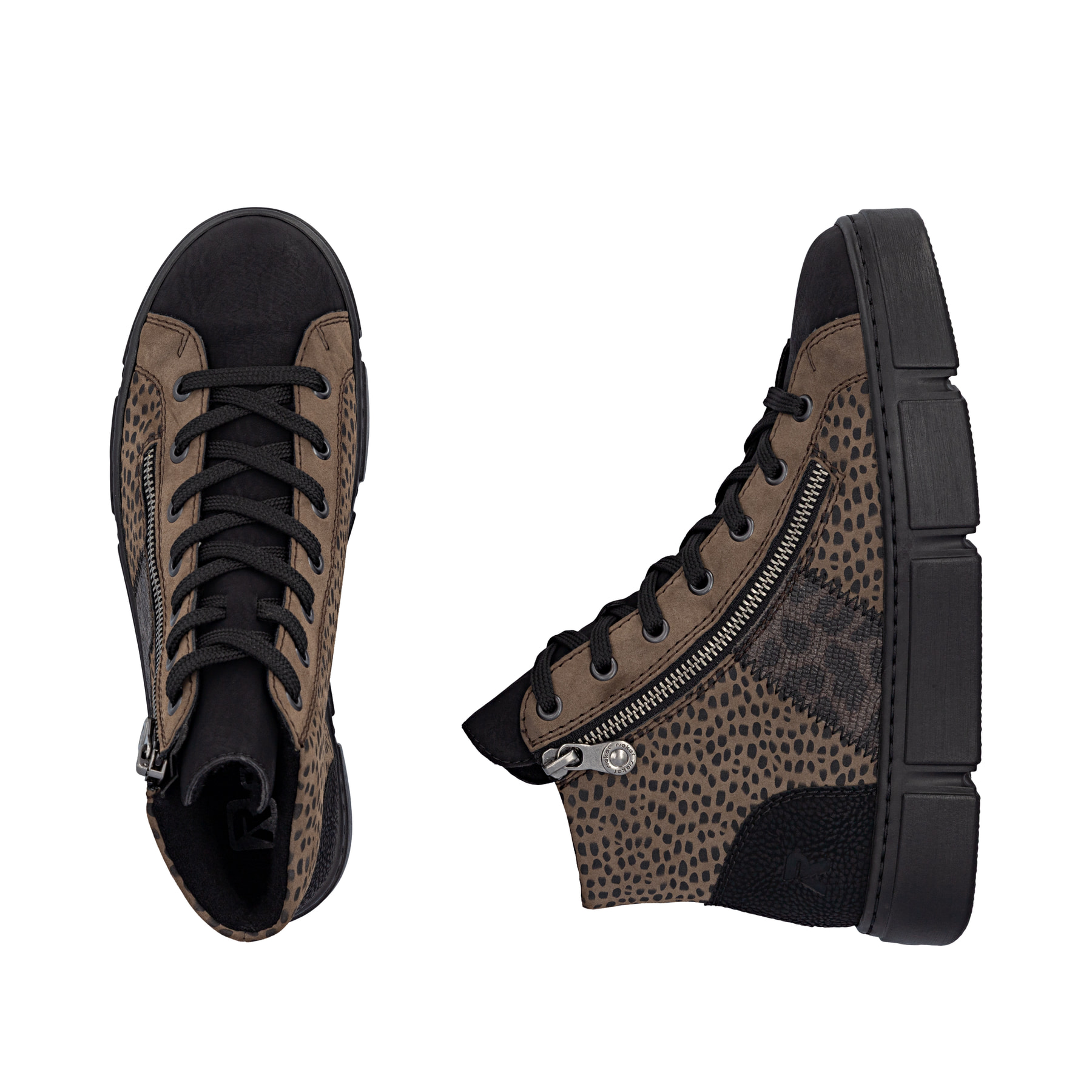 Baskets montantes Rieker marron femmes N5931-25 avec fermeture éclair. Chaussure vue de dessus, couchée.