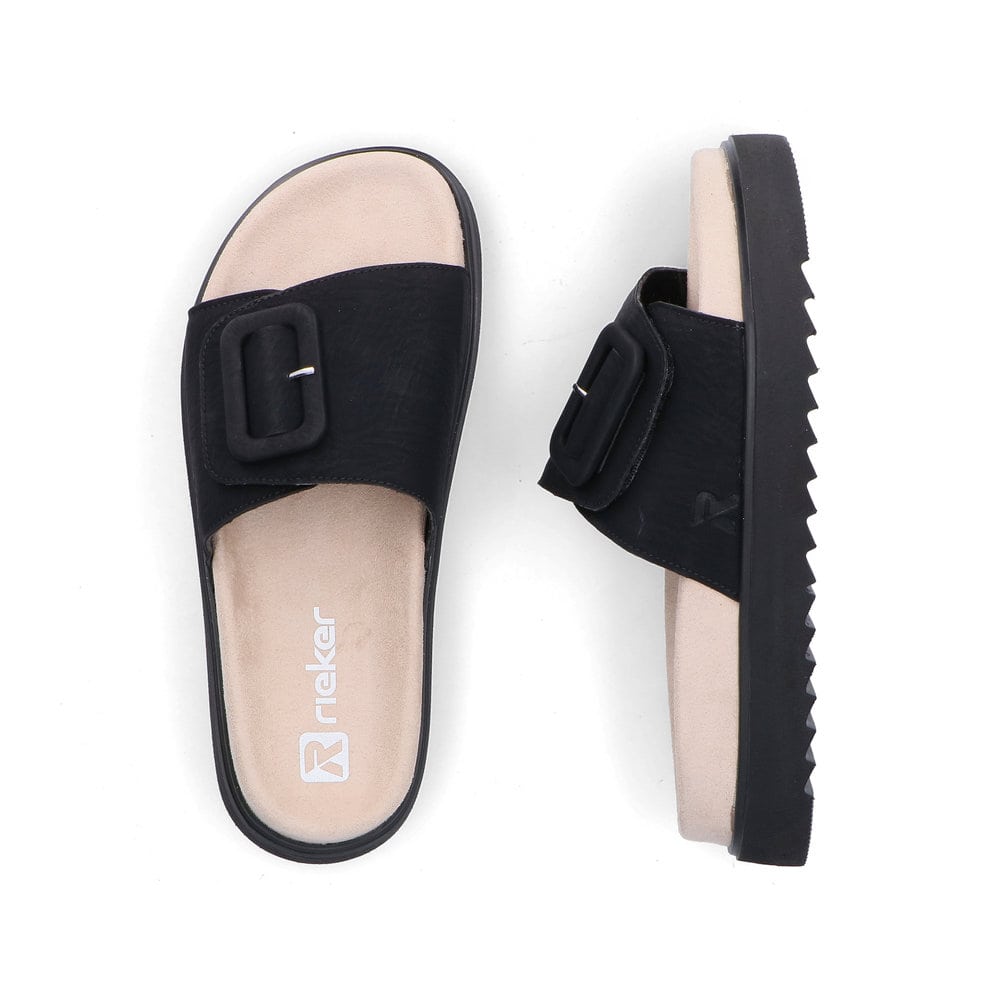 Mules Rieker noires pour femme V5650-00 avec boucle tendance. Chaussure vue de dessus, couchée.