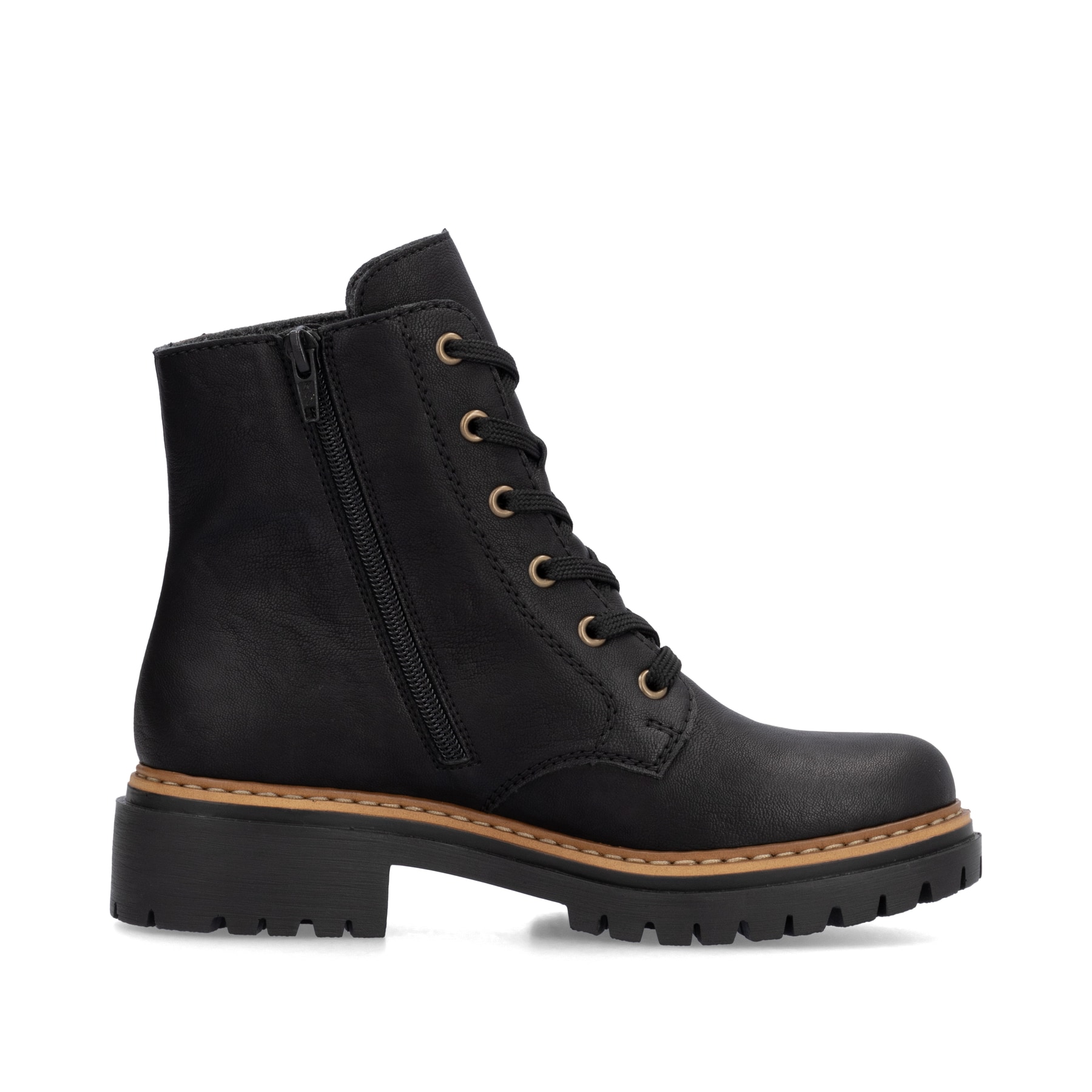 Biker Boots Rieker noires pour femme 72617-00 avec imprimé léopard. Chaussure vue de l'arrière.