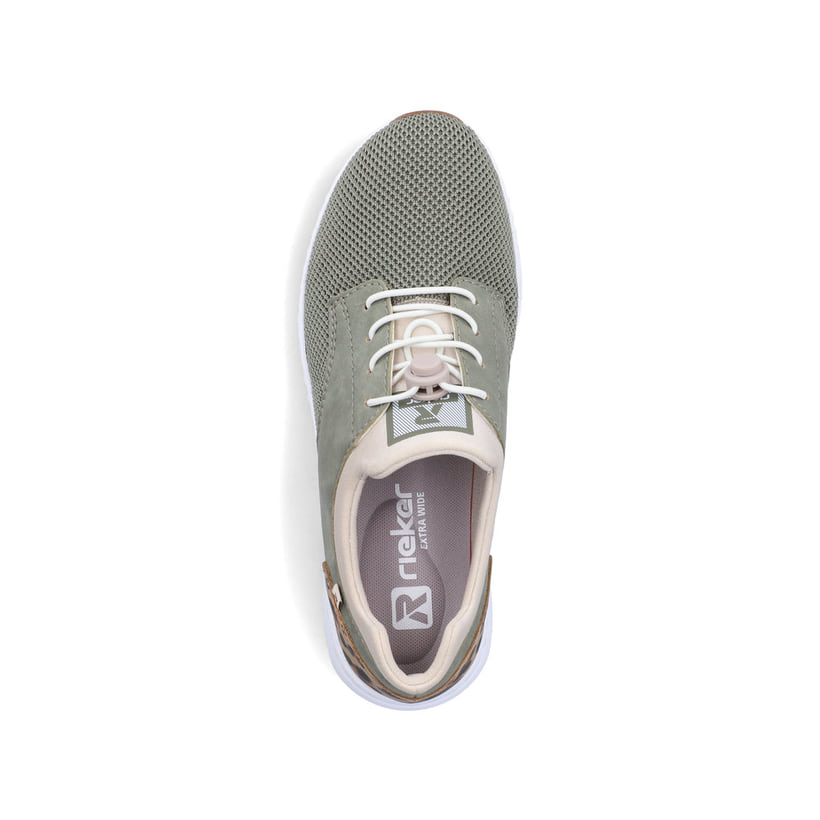 Khakifarbene Rieker Damen Slipper 53160-52 mit einem Gummizug sowie Extraweite H. Schuh von oben.