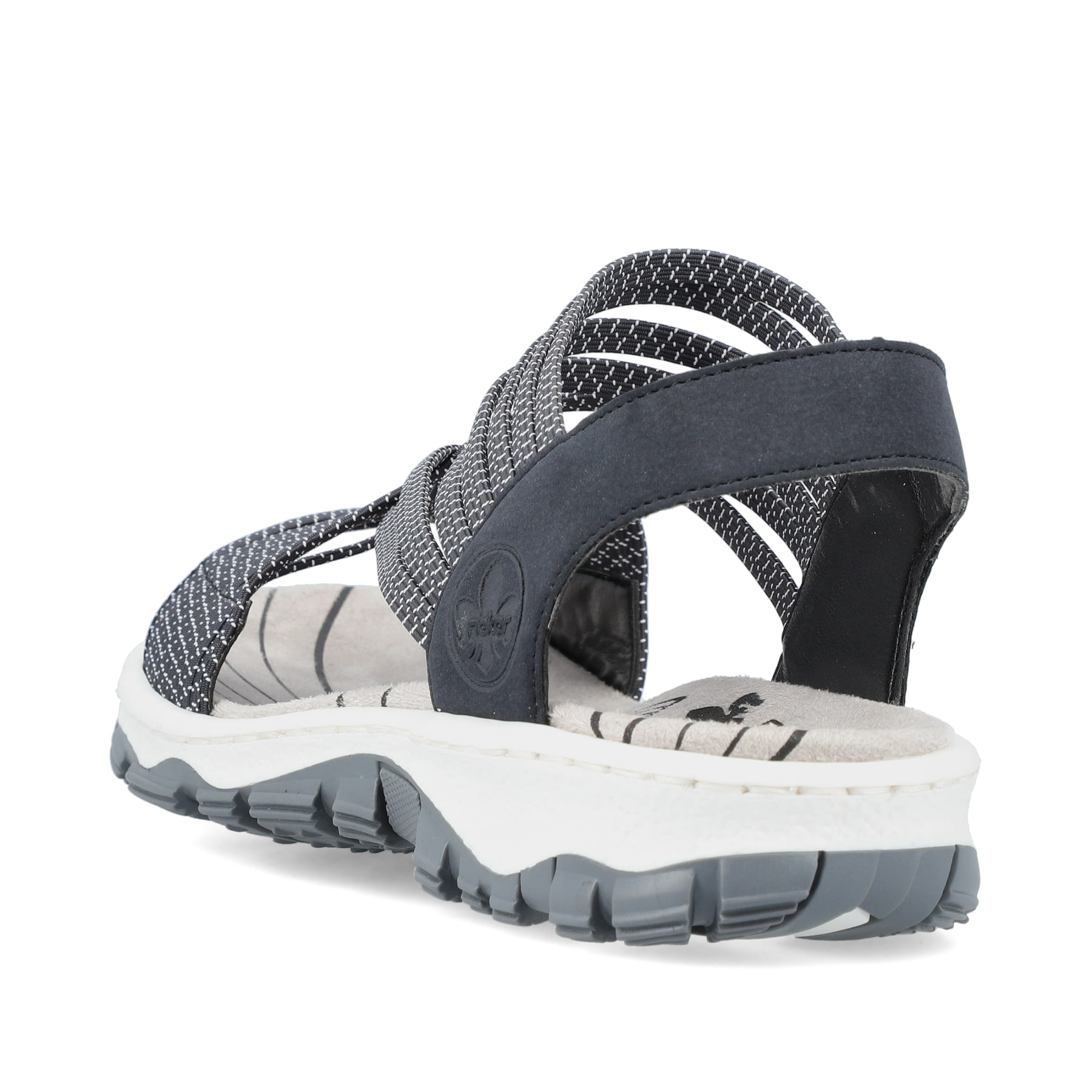 Blaue Rieker Damen Trekkingsandalen 68888-14 mit einem Gummizug. Schuh von hinten.