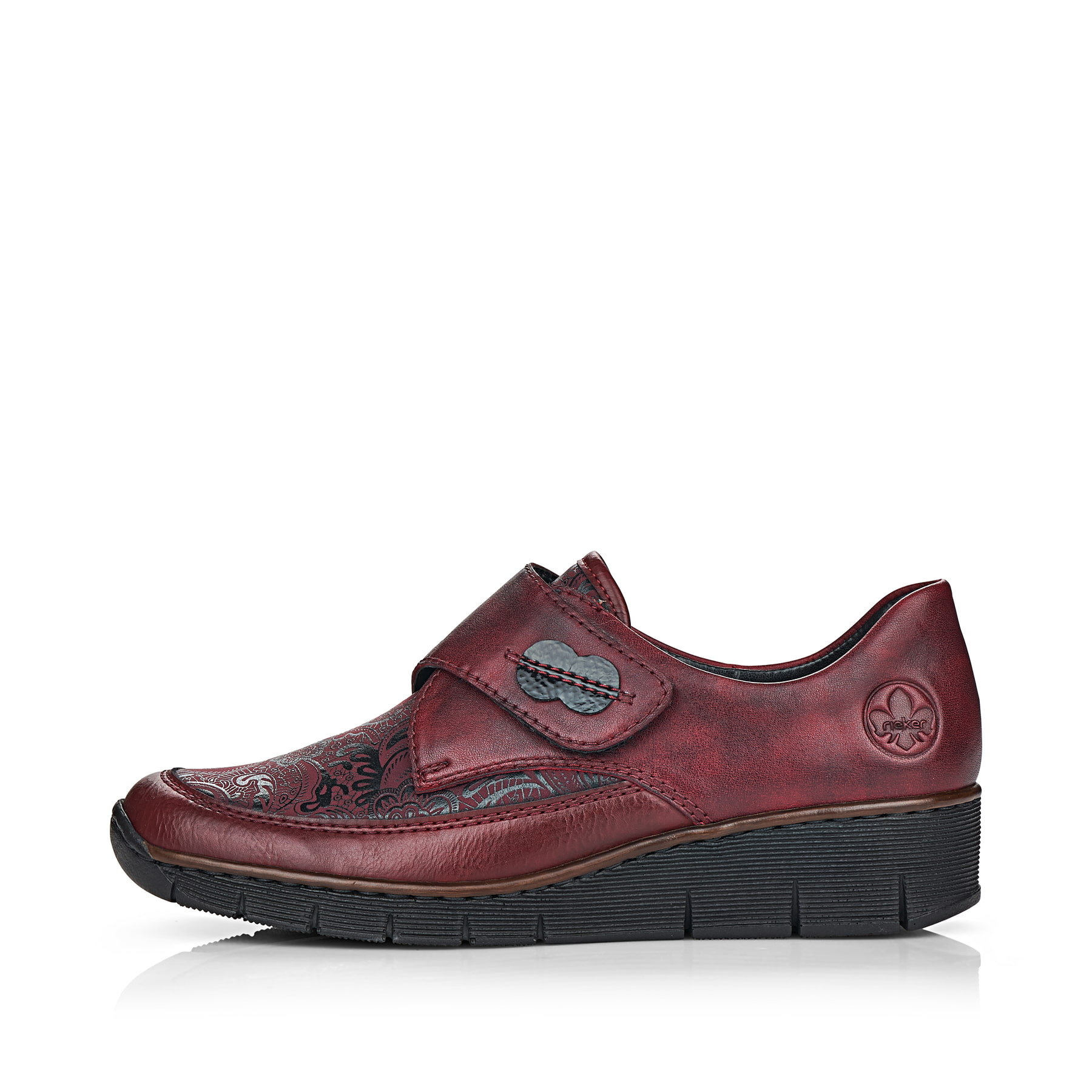 Mocassins Rieker rouges femme 537C0-35 en cuir lisse avec motif cachemire. Côté extérieur de la chaussure.
