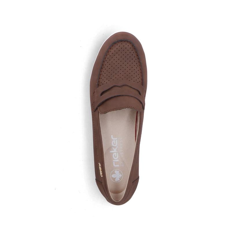 Braune Rieker Damen Loafer 43862-24 mit einer herausnehmbaren Einlegesohle. Schuh von oben.