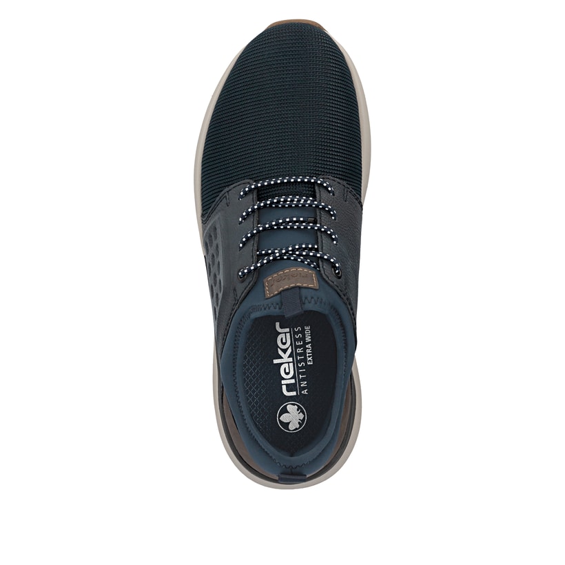 Dunkelblau-braune Rieker Herren Slipper 06058-14 mit Gummizug sowie Extraweite H. Schuh von oben.