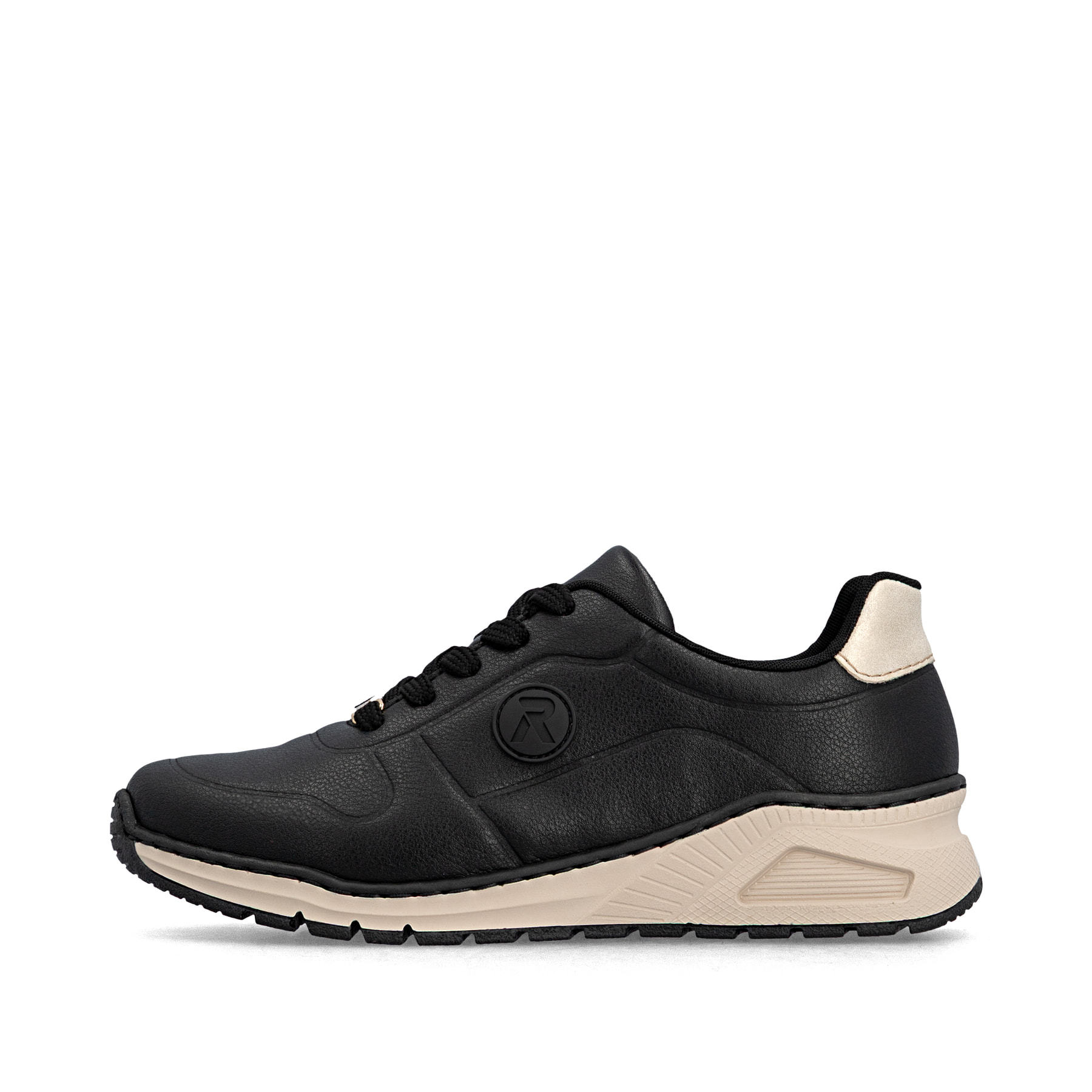 Schwarze Rieker Damen Sneaker Low M4903-03 aus Glattleder mit einer Schnürung. Schuh Außenseite.