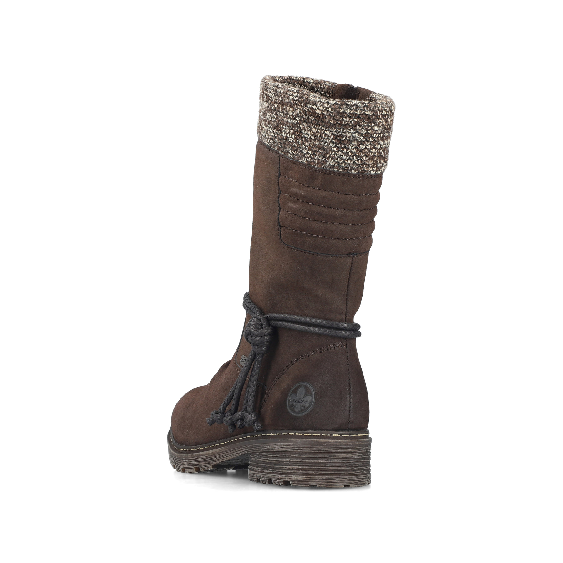Dunkelbraune Rieker Damen Hochschaftstiefel Z4755-25 mit Strick-Kragen. Schuh von hinten.