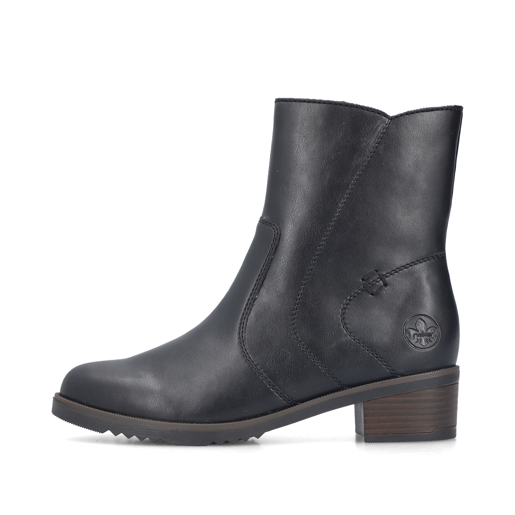 Schwarze Rieker Damen Kurzstiefel Y0581-00 mit modernen Ziernähten. Schuh Außenseite.