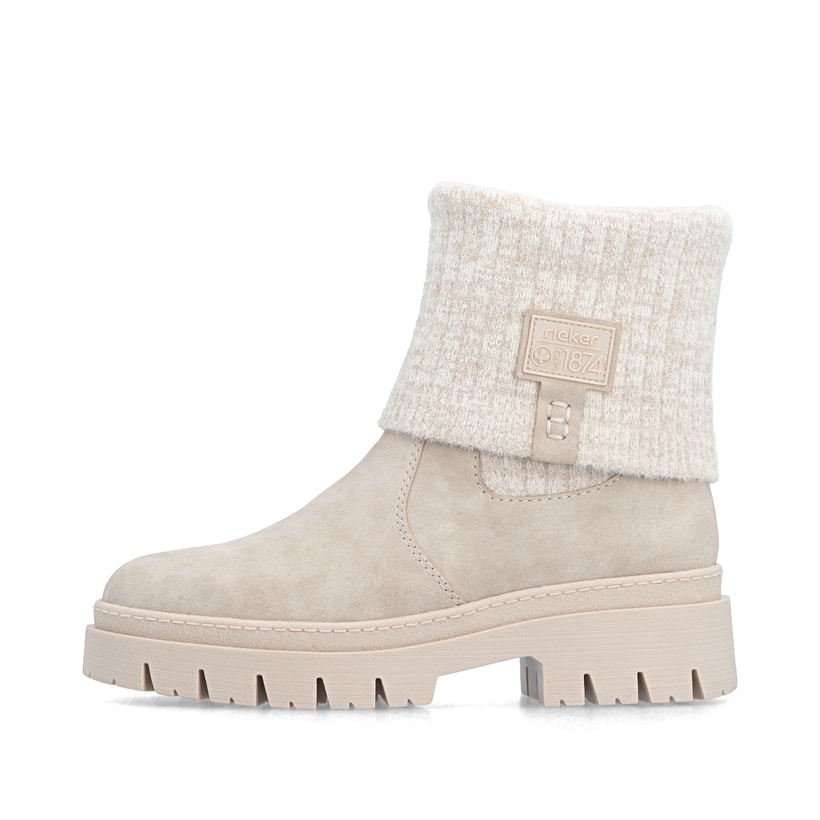 Taupefarbene Rieker Damen Kurzstiefel Z9450-60 mit umschlagbarem Schaft. Schuh Außenseite.