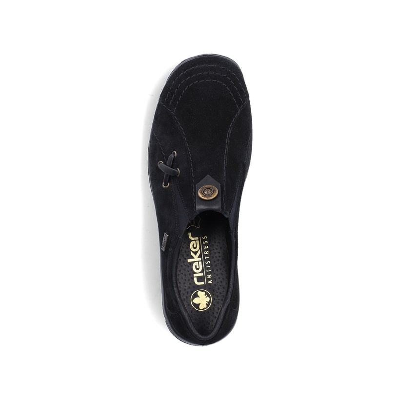 Tiefschwarze Rieker Damen Slipper L7171-00 mit einer schockabsorbierenden Sohle. Schuh Laufsohle